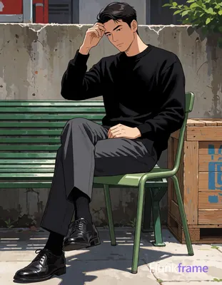 Asian man in polished anime 2.5D next-gen game art style, seated on light green 