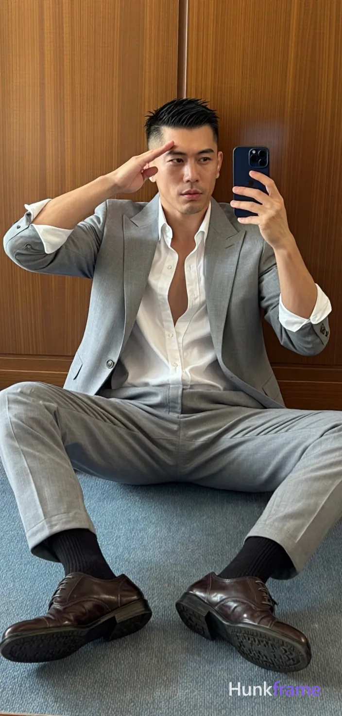 Asian adult man with short black buzz cut and light stubble, neutral expression saluting his forehead with right hand while holding dark smartphone in left for mirror selfie; Seated on light blue carpeted floor legs spread wide X-shape torso leaning back against wood paneling wearing open white dress shirt revealing upper chest cleavage sleeves rolled up paired with light grey single-breasted suit jacket and matching tailored trousers black socks dark brown leather shoes soft indoor lighting vertical portrait composition confident stylish mood, shot on iPhone 15 Pro main camera, authentic smartphone computational photography, natural Smart HDR and true-to-life skin texture, vertical 9:16 Xiaohongshu lifestyle feed, bright clean everyday scene, unretouched phone photo with subtle sensor grain, trendy Chinese internet 网红 aesthetic, candid influencer energy, phone held naturally in one hand for selfie, phone visible in frame; single clean uninterrupted photograph with a cohesive editorial composition and plain continuous surrounding surfaces