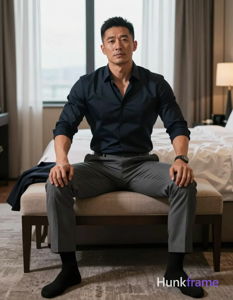 same recurring adult male subject throughout one photo shoot, consistent facial identity, facial structure, hairstyle, age, skin tone, body proportions, wardrobe, location, background design, and lighting setup, Asian man with medium-dark skin and short black hair seated on a beige upholstered bench in a hotel bedroom. He wears a dark navy button-down shirt fully worn, sleeves rolled to forearms, grey dress trousers, and black socks without shoes. His torso is upright, legs spread apart, hands resting on thighs, displaying broad shoulders and defined chest arms. A dark suit jacket drapes over the left armrest beside him. Soft ambient indoor lighting with warm lamp glow from the right side illuminates his composed neutral gaze at camera. Full-body shot centered in frame including surrounding room context like large bed behind and patterned carpet foreground. Clean composition balanced framing vertical portrait orientation 13:19 aspect ratio fine-art photography homoerotic aesthetic premium fashion-editorial style tasteful suggestive framing sculpting light implied exposure teasing pose confident masculine man., a single uninterrupted photograph only, no written words or typography anywhere in frame, no captions, no app UI, no social-media post layout, no screenshot borders 站立, 侧脸朝窗外, 若有所思, 侧面中近景, a single uninterrupted photograph only, no written words or typography anywhere in frame, no captions, no app UI, no social-media post layout, no screenshot borders