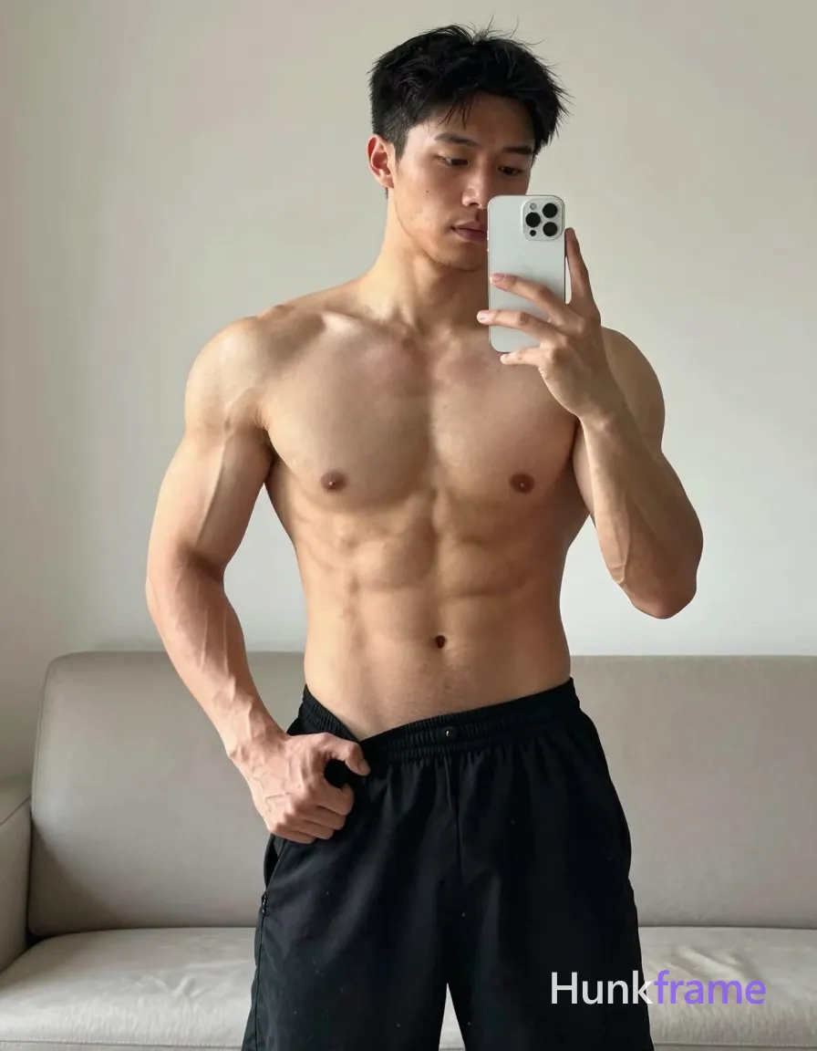 Asian adult man with light to medium tan skin and short straight black hair, clean-shaven face with minor jawline stubble; He stands shirtless in front of a mirror holding a white smartphone steady with his left hand for a selfie shot while pulling up black loose-fitting athletic shorts near the hip with both hands; waistband sits mid-thigh on the right side revealing defined abdominal musculature and rectus abdominis separation; His well-defined pectorals, deltoids, vascular forearms, and upper arms show prominent veins against bare chest including nipples; Background features a light-colored sofa in a neutral-toned room under soft frontal illumination creating gentle shadows without harsh contrasts; High-resolution detail on skin texture and muscle definition with naturalistic color grading emphasizing confident masculinity and athletic discipline; single clean uninterrupted photograph with a cohesive editorial composition and plain continuous surrounding surfaces