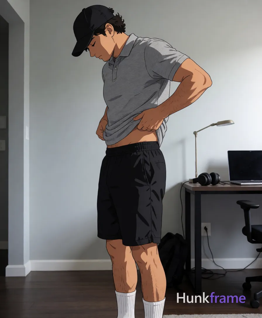 Polished anime style rendering of an adult man with light to medium tan skin standing sideways, head bowed under a black baseball cap; He pulls up his heather grey polo shirt waistband mid-thigh with both hands while shifting weight onto the right leg; thick thighs and defined calves are fully exposed below knee-length black athletic shorts; White crew socks show on bare feet reflecting naturally in the glass; The background reveals an indoor room with light grey walls, dark wood flooring, a desk, laptop, lamp, and headphones to the right; Soft directional natural light from the right casts subtle shadows across his sculpted physique, same aesthetic theme and photo feel as the reference but a different man in a different pose with distinct body proportions, Moroccan man, deep tan, dark curls, defined abs natural not exaggerated; single clean uninterrupted artwork with a cohesive composition and plain continuous surrounding surfaces