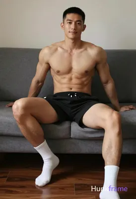 Asian man with short black buzz cut and clean-shaven face, shirtless bare chest 