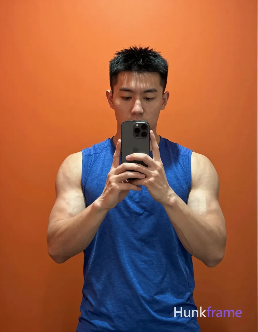 Asian man with light-medium skin and short black hair standing facing a large indoor mirror against an orange wall; He wears a blue sleeveless athletic shirt covering his torso, revealing very muscular biceps and triceps; His right hand holds a smartphone at chest level to take the shot while his left hand makes an open-fingered gesture near his cheek; The composition is vertical portrait 13:19 with head-to-waist framing; the phone obscures the lower face emphasizing neutral, focused expression under soft frontal lighting that sculpts strong muscle definition; single clean uninterrupted photograph with a cohesive editorial composition and plain continuous surrounding surfaces