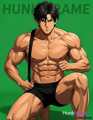 A polished anime style illustration of a muscular adult man with dark short slightly wavy hair and c