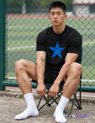 an anonymous figure man with light to medium tan skin and short black buzz cut sits on a folding cha