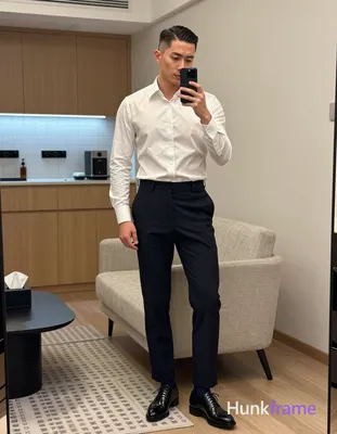Adult man, slim build, short dark brown/black side-parted slick-back hair, clean