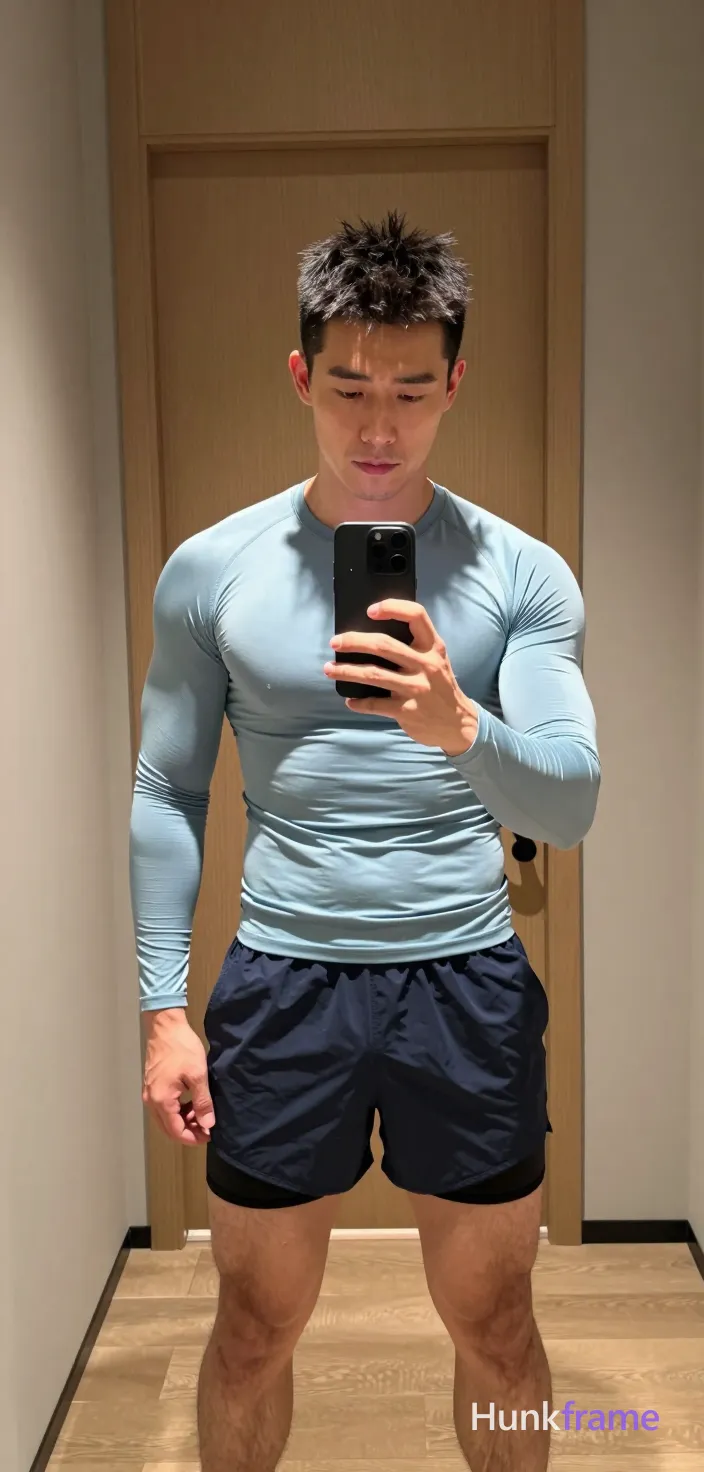 Asian man with light to medium tan skin and short black textured hair stands facing a full-length mirror, holding a black smartphone vertically in his right hand at chest level; He wears a light blue long-sleeve compression shirt over dark navy athletic shorts where black compression briefs are visible at the waistband; His physique displays an athletic build with defined abs; he is clean-shaven with a neutral to slightly focused expression looking down at the screen; The composition captures him from head to shoes in the mirror reflection, centered against light wood flooring and beige walls with a wooden door frame behind; Soft ambient indoor lighting reflects evenly on his skin and clothing within this modern interior setting featuring slight fisheye distortion typical of phone cameras; single clean uninterrupted photograph with a cohesive editorial composition and plain continuous surrounding surfaces