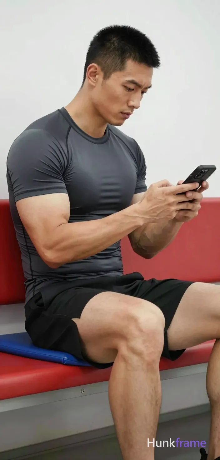 He sits sideways on red bench with blue cushion, wearing dark grey tight-fitting short-sleeve compression shirt covering torso completely and black athletic shorts ending mid-thigh; Broad shoulders, defined pectorals, thick thighs, muscular calves rendered with high-quality character art; Short black buzz cut, straight texture, high forehead, clean hairline; facially clean-shaven chin and upper lip with neutral expression focused on phone screen holding in right hand; Phone obscures lower face slightly while legs angle toward camera right; single clean uninterrupted photograph with a cohesive editorial composition and plain continuous surrounding surfaces