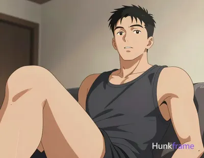 Asian man in polished anime style, dark gray tank top worn loosely over shoulder