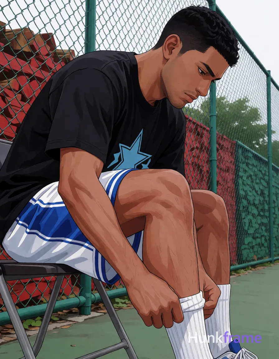 an anonymous figure adult man with short black buzz cut and light stubble on jawline, neutral focused downward gaze; Seated on folding chair outdoors against green chain-link fence, right leg forward adjusting white crew sock with both hands while left hand rests near ankle; Wearing black short-sleeve t-shirt with partially visible light blue star graphic, white basketball shorts with blue side panels mid-thigh waistband; Thick quadriceps and calves defined hamstrings slim waistline fully clothed adult; Vertical portrait 13:19 aspect ratio low-angle perspective center-right composition polished anime next-gen 3D game art style expressive face athletic anatomy high-quality character rendering natural daylight soft shadows overcast court surface red green stacked firewood background documentary realism sports lifestyle aesthetic, same aesthetic theme and photo feel as the reference but a different man in a different pose with distinct body proportions, Mexican man, bronze skin, strong jaw, thick wavy hair, soccer-player lean legs; single clean uninterrupted artwork with a cohesive composition and plain continuous surrounding surfaces