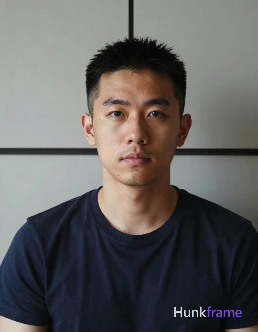 Photograph of exactly 1 adult man. Man 1: East Asian, light to medium tan with natural undertones and subtle shadows under the jawline, angular, defined jawline, high cheekbones, narrow chin, black, short buzz cut on sides fading to skin, textured spiky top layer standing upright in front, straight texture, clean-shaven with very faint stubble along jawline and upper lip, chin is smooth. Man 1 has fully exposed eyes, eyebrows, temples and nose bridge. Lean East Asian build with short black buzz cut, faint stubble. Seated facing forward with relaxed shoulders, neutral direct gaze. Dark navy crew-neck t-shirt covering torso completely in portrait crop. Centered vertical 13:19 frame showing upper chest to top of head against wall panels. Minimalist indoor room featuring light gray paneled walls with dark horizontal trim behind subject. Soft directional frontal-left key light casting gentle shadows on right cheek and neck area. Fine-art photography aesthetic with natural skin tones, clean lines, and shallow depth of field