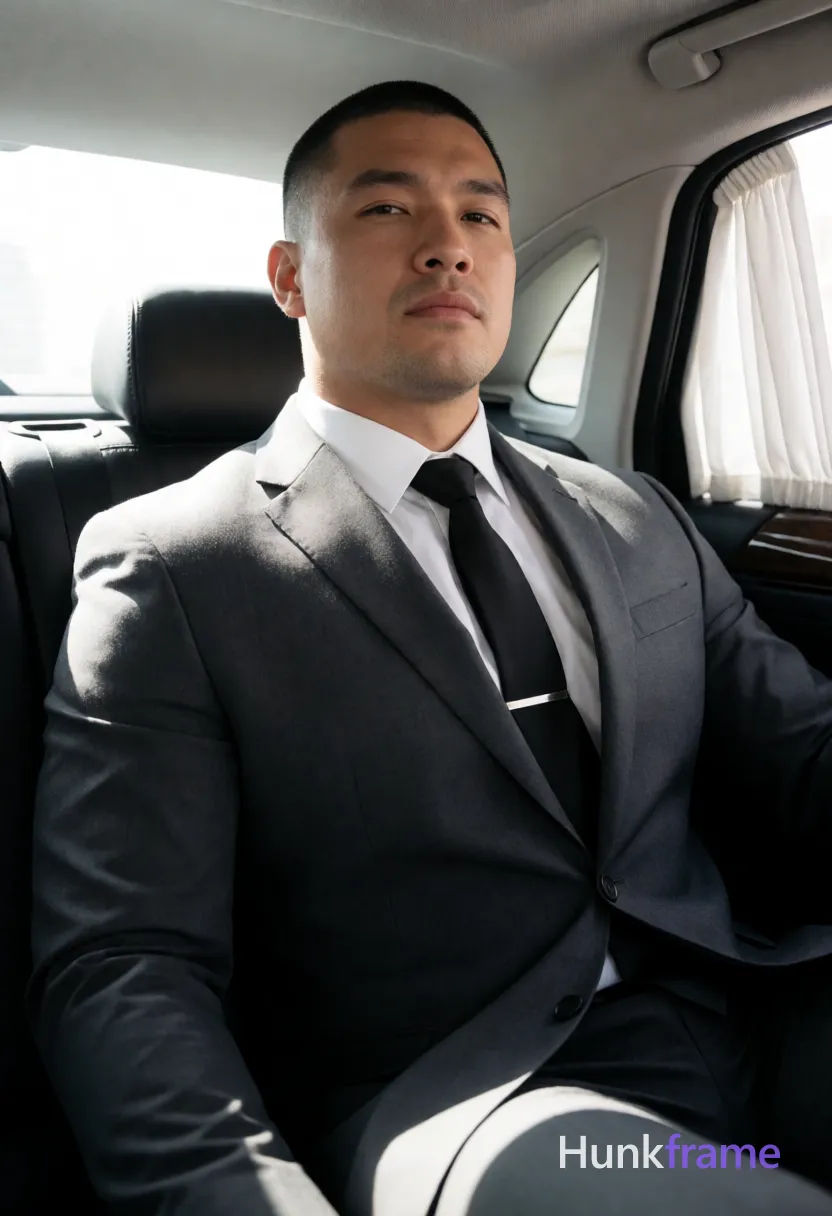 Heavily muscular adult man with substantial muscle mass, wide shoulders, thick neck, large chest and arms, powerful thighs, and dense bodybuilding proportions; Asian man with buzz cut and light stubble seated upright in a luxury vehicle backseat, torso angled toward camera; Wearing dark grey single-breasted suit jacket over white dress shirt collar visible under jacket, black tie secured with silver tie clip at center chest; Fully clothed adult displaying broad shoulders and defined collarbones; Head tilted slightly right with chin lifted, neutral to serious expression with slight frown of lips; High-contrast editorial lighting from right side casting strong highlights on left shoulder and face against dark leather seats and white curtains; Shallow depth of field focusing on subject filling vertical frame head to mid-thighs; single clean uninterrupted photograph with a cohesive editorial composition and plain continuous surrounding surfaces