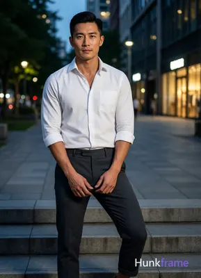 Asian man with short black straight side-parted hair and clean-shaven neck, neutral expression gazin