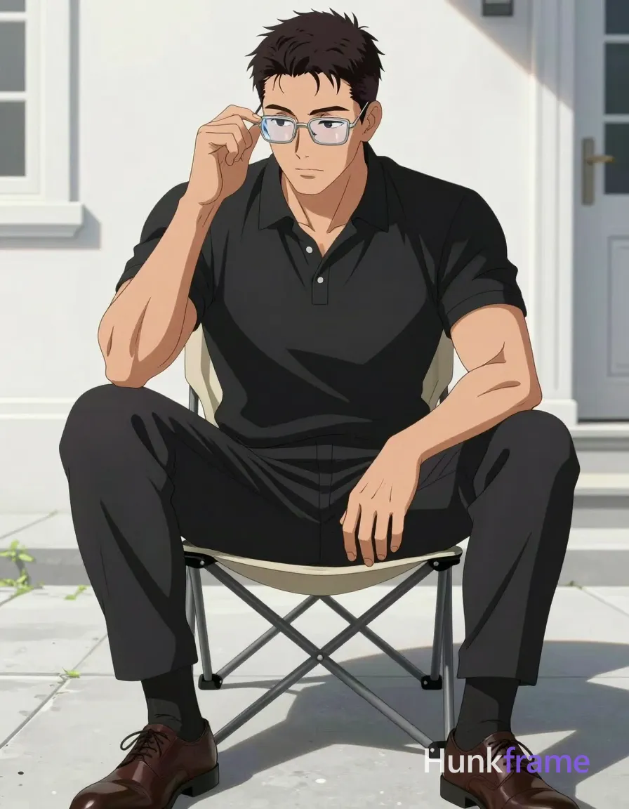 Polished anime 2.5D render of an adult man with medium-dark skin and short textured dark hair wearing rectangular silver-rimmed clear-lensed glasses, seated on a beige canvas folding chair; He adjusts his eyewear with right index finger near the bridge of nose while gazing downward-left in neutral contemplation; Dressed in black collared polo shirt buttoned to neck, slim-fit trousers, mid-calf crew socks, and leather dress shoes; Broad shoulders, defined pectorals, toned abs, thick thighs visible under high-contrast sunlight from upper-right casting deep shadows on concrete ground against a white colonial building facade; The adult man visibly wears wearing clear-lensed glasses; thin metal frame (silver or gunmetal); rectangular shape with slightly rounded corners; minimal rim detail visible on his face; preserve the exact frame shape, rim style, color, material, and lens tint; single clean uninterrupted artwork with a cohesive composition and plain continuous surrounding surfaces