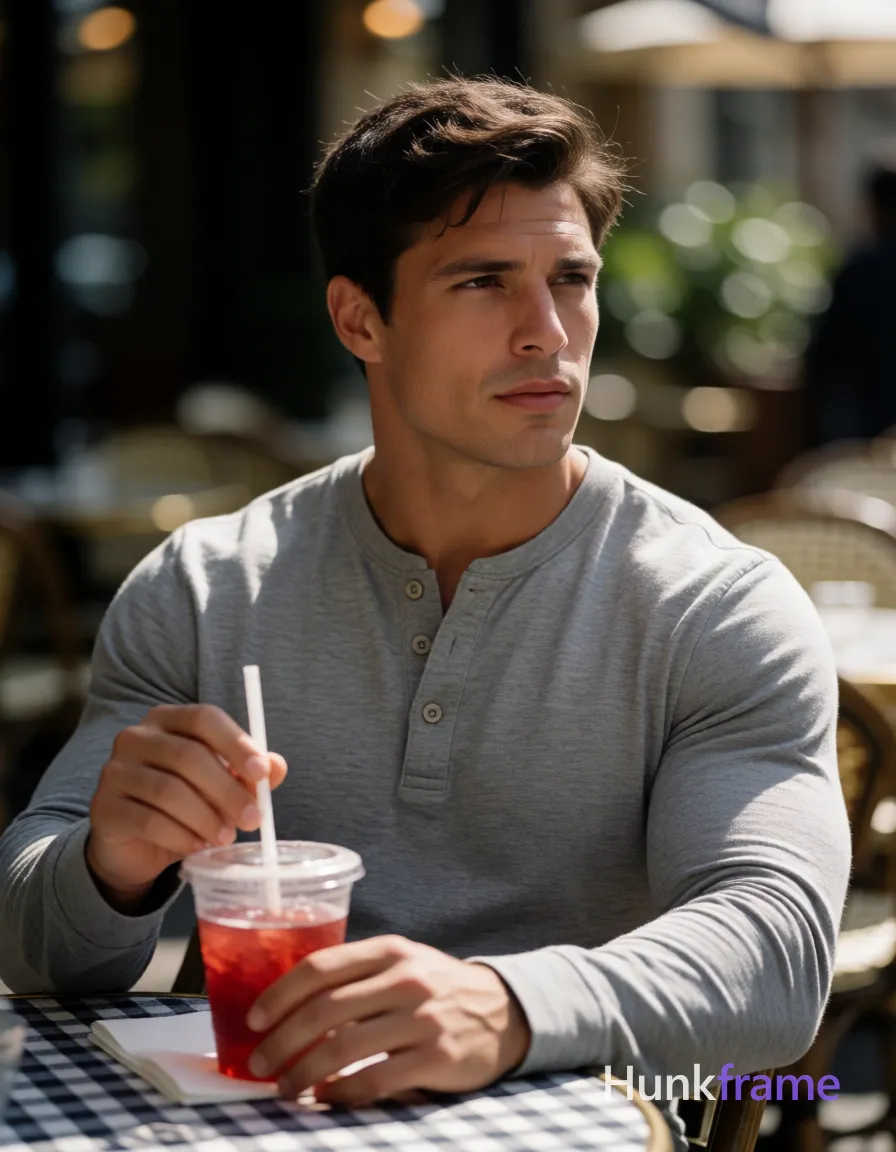 Heavily muscular adult man with substantial muscle mass, wide shoulders, thick neck, large chest and arms, powerful thighs, and dense bodybuilding proportions; an anonymous figure man with light-medium skin, short textured dark brown hair side-parted, clean-shaven chin and upper lip with faint jawline stubble; Seated upright at outdoor café table in grey long-sleeve henley shirt with three-button placket, holding white plastic straw right hand, napkin left near red beverage on checkered cloth; Shallow depth of field bokeh background showing blurred café seating and foliage; Natural sunlight casting soft shadows, high-resolution fashion editorial quality, calm casual elegance mood; FULL GARMENT TEXT REPLACEMENT: remove every source garment word, sentence, slogan, logo, and partial brand spelling from every existing print area, then replace those source marks with only the wordmark, spelled exactly "HF"; This is replacement, Repeated "HF" marks are allowed only where the source garment already had printed text; preserve appropriate placement, typography, color, and scale, logo, caption, username, hashtag, comment, watermark, or UI; single clean uninterrupted photograph with a cohesive editorial composition and plain continuous surrounding surfaces