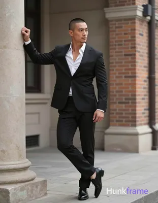 Asian man with short buzz cut and light stubble stands in three-quarter profile leaning against a st