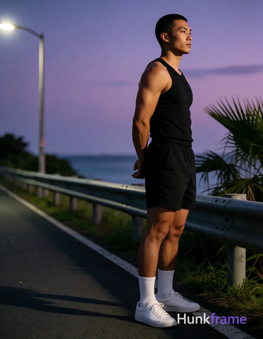 Asian man with short buzz cut and clean-shaven face stands sideways in a bold flat-color poster style, hands clasped behind lower back; He wears a fitted black sleeveless tank top showing muscle definition, black athletic shorts ending mid-thigh, white crew socks pulled to calf height, and white low-top sneakers with visible laces; Entire back from neck to waistline is exposed along full arms including biceps and forearms, thighs down to knees, calves with subtle leg hair; Standing on road edge near guardrail at dusk, right third of frame; Soft ambient dusk light casts gentle shadows, streetlamp glow illuminates left side, silhouette-like backlighting on back; Deep purples in sky, cool blues over water, dark asphalt gray, black wardrobe tones, white socks/shoes contrast, green palm fronds; Fine-art photography aesthetic with high dynamic range and sculpted musculature emphasized by lighting angle, same aesthetic theme and photo feel as the reference but a different man in a different pose with distinct body proportions, Mexican man, bronze skin, strong jaw, thick; single clean uninterrupted photograph with a cohesive editorial composition and plain continuous surrounding surfaces
