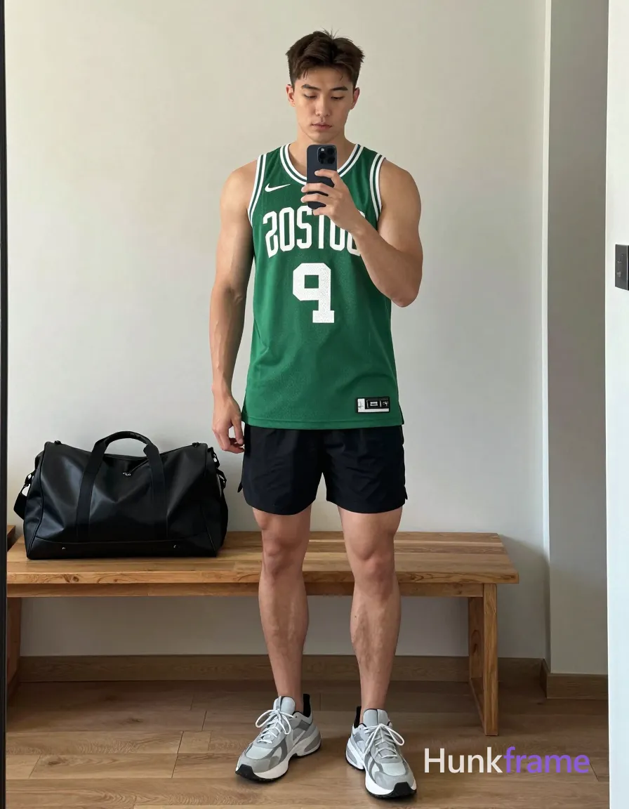 A handsome white man with short brown hair and a clean-shaven face stands in a modern apartment, holding his phone for a candid vertical selfie. He wears a green sleeveless basketball jersey with 'BOSTON 4' text, black athletic shorts, and grey chunky sneakers. His broad shoulders and thick thighs are visible as he leans casually near a wooden bench where a duffel bag rests. Include exactly one visible wordmark, spelled exactly "HF", as a small garment print; preserve its appropriate typography and scale. No other visible text, logo, caption, username, hashtag, comment, watermark, or UI chrome., same aesthetic theme and photo feel as the reference but a different man in a different pose with distinct body proportions, lean Korean man, sharp jaw, monolid eyes, slim swimmer build, natural black hair, a single uninterrupted photograph only, no written words or typography anywhere in frame, no captions, no app UI, no social-media post layout, no screenshot borders