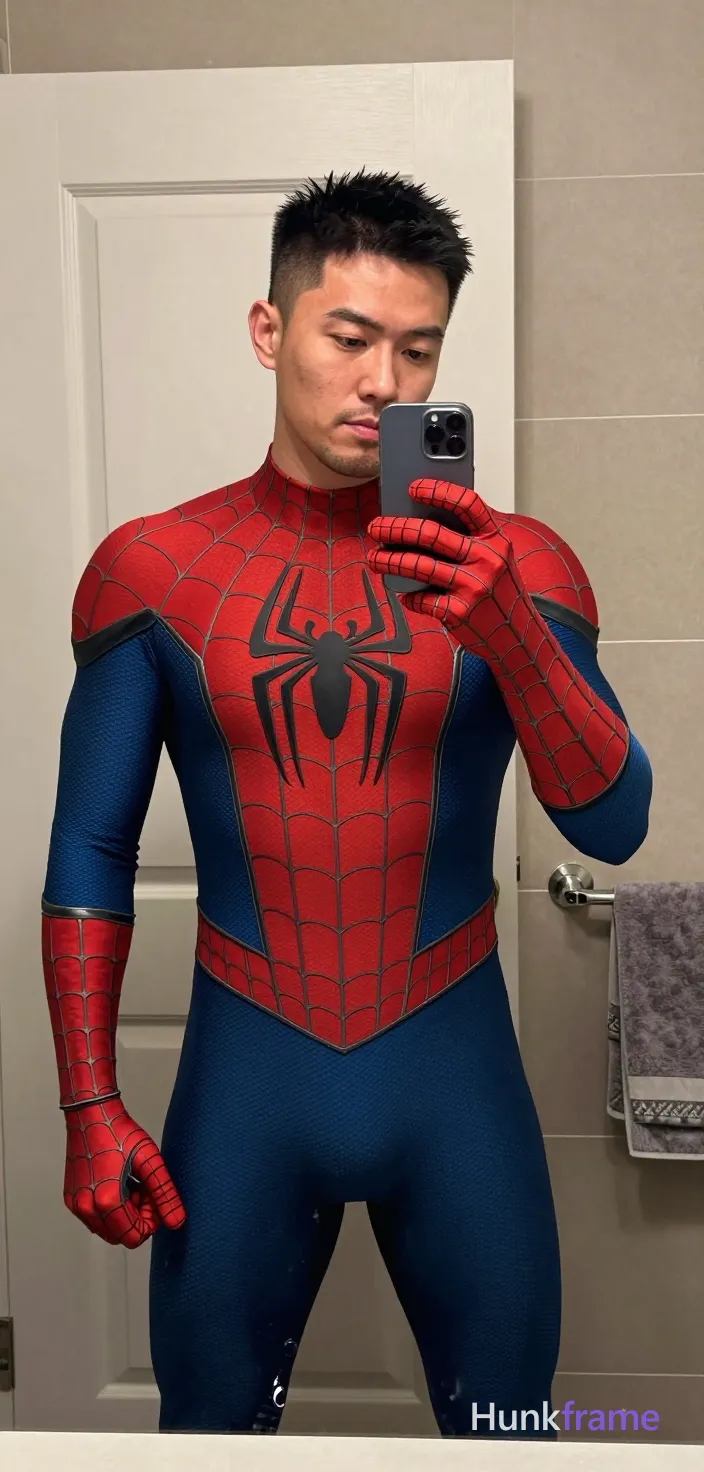 Asian man with light-medium skin and short black spiky cut with fade sides, stubble. Standing facing mirror, left hand on hip with fist clenched, right arm raised holding silver smartphone in gloved web-patterned Spider-Man glove against chest to capture selfie reflection. Wearing full-body red and blue textured Spandex suit with black spider emblem on red chest panel. Vertical phone-crop showing head to mid-thighs, center-left occupying majority of frame. Bathroom interior setting with white paneled door behind subject, beige tiled wall, chrome towel bar with gray towel hanging right side. Soft overhead bathroom lighting providing even illumination on face and suit texture. Mirror selfie aesthetic, smartphone-camera framing. Mood casual self-assured focused., a single uninterrupted photograph only, no written words or typography anywhere in frame, no captions, no app UI, no social-media post layout, no screenshot borders