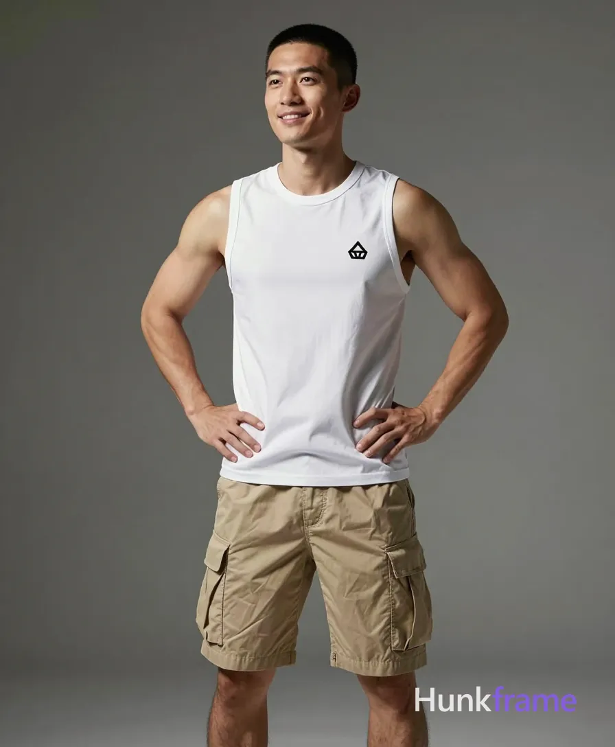 Asian man with light-medium tan skin and short black buzz cut, clean-shaven face smiling with confident gaze slightly off-camera to the right; Standing upright hands on hips torso facing forward head turned 45 degrees left wearing white sleeveless crew-neck tank top small black geometric logo beige khaki cargo shorts mid-thigh fully clothed broad shoulders defined pectorals visible abdominal definition thick thighs centered full-body shot from thighs up vertical portrait dramatic directional lighting sculpted pose premium fashion editorial fine-art photography clean composition natural skin tones minimal post-processing; single clean uninterrupted photograph with a cohesive editorial composition and plain continuous surrounding surfaces