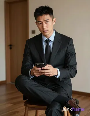 Photograph of exactly 1 adult man. Man 1: Asian, light to medium tan, oval with defined jawline and 