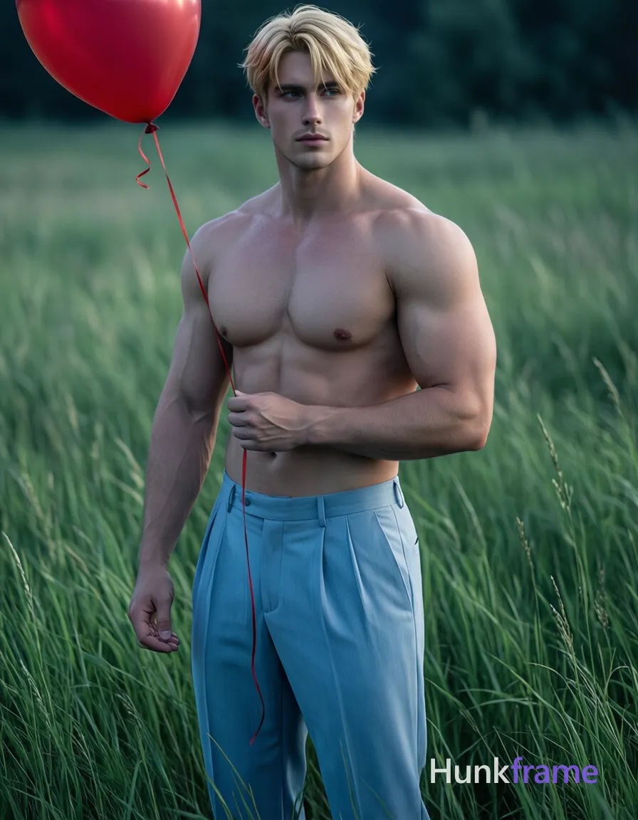 Adult man with light skin and short styled blonde hair stands shirtless in tall green grass, facing forward with slight torso rotation to left. He wears light blue pleated trousers with visible waistband but no belt; entire chest abdomen arms from shoulders to wrists and legs from waist down are exposed showing broad shoulders defined pectorals visible abdominal musculature thick thighs. Right arm bent holding red balloon string near waist while left arm relaxed at side. Full body shot head to mid-thighs center-right occupying majority of vertical frame with balloon extending into upper-left quadrant. Soft ambient daylight creates high contrast between subject and muted background cinematic color grading cool undertones melancholic contemplative mood fine-art photography aesthetic polished anime 2.5D next-gen game art., a single uninterrupted photograph only, no written words or typography anywhere in frame, no captions, no app UI, no social-media post layout, no screenshot borders