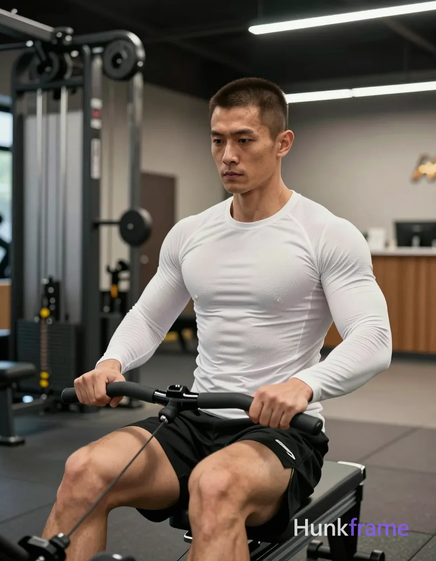 Asian man with short dark brown buzz cut and clean-shaven face, focused serious expression seated on a cable row machine; He wears a white long-sleeve compression shirt with textured mesh panel across chest and ribbed knit sleeves, black athletic shorts with small white logo on left thigh; Pulling black padded handles toward torso, elbows slightly bent, core engaged mid-rep in full-body shot from thighs up to head; Modern gym interior with dark metal equipment frames, concrete flooring, reception desk background; Bright overhead fluorescent lighting casting soft shadows, high contrast between white shirt and dark machinery; Vertical portrait 13:19 aspect ratio, slight low-angle perspective center-right foreground, muscle-bear aesthetic highlighting lean muscular build, defined pectorals, toned abdomen with rugged warm confidence; single clean uninterrupted photograph with a cohesive editorial composition and plain continuous surrounding surfaces