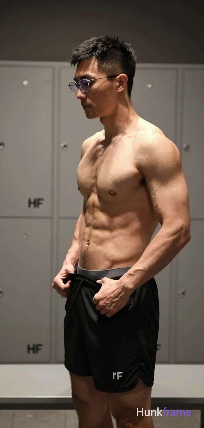 Asian man with short dark black hair high fade, thin metal frame rectangular glasses worn on face, clean-shaven; Standing profile facing left pulling up black athletic shorts waistband mid-thigh right side shirtless bare chest six-pack abs thick thighs visible gray inner waistband above outer fabric indoor locker room white bench dramatic directional lighting highlighting musculature high contrast shadows broad shoulders rugged warm confidence fine-art photography style vertical portrait crop head to upper thighs The adult man visibly wears thin metal frame glasses worn on the face; clear lenses with no tint; rectangular to slightly rounded shape on his face; preserve the exact frame shape, rim style, color, material, and lens tint; FULL GARMENT TEXT REPLACEMENT: remove every source garment word, sentence, slogan, logo, and partial brand spelling from every existing print area, then replace those source marks with only the wordmark, spelled exactly "HF"; This is replacement, Repeated "HF" marks are allowed only where the source garment already had printed text; preserve appropriate placement, typography, color; single clean uninterrupted photograph with a cohesive editorial composition and plain continuous surrounding surfaces