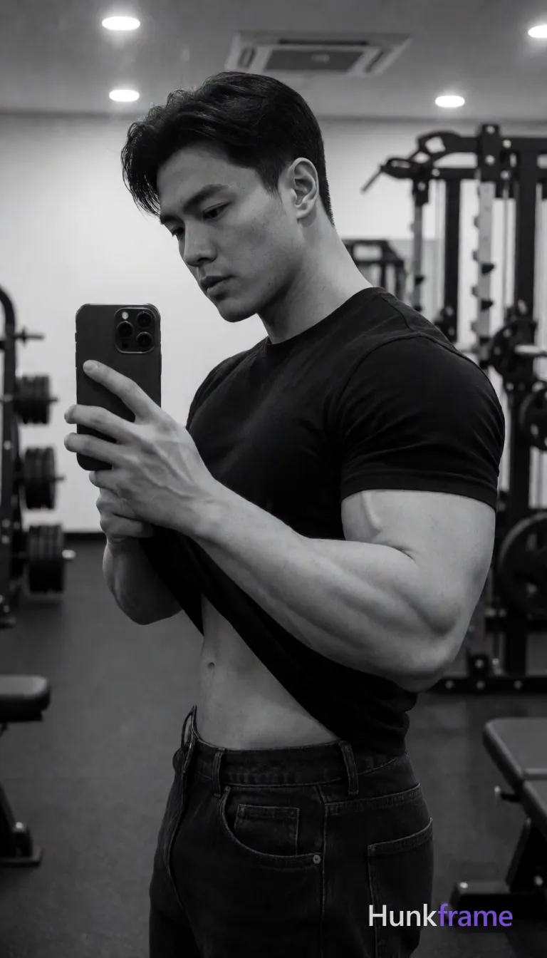 Heavily muscular adult man with substantial muscle mass, wide shoulders, thick neck, large chest and arms, powerful thighs, and dense bodybuilding proportions; Asian man with light-medium skin and short dark hair featuring a side parting, clean-shaven face with slight chin stubble; Standing in profile facing left mirror reflection, right hand holding smartphone to capture selfie angle while left hand pulls black crew-neck t-shirt upward exposing chest and abdomen; waistband still mid-thigh on dark denim jeans with belt loops visible; Indoor gym environment with weight racks and exercise equipment background under overhead recessed lighting creating soft shadows; High contrast sharp focus portrait composition center-right foreground occupying majority vertical frame space, athletic photography aesthetic emphasizing defined pectoral muscles six-pack abs broad shoulders confident strength; single clean uninterrupted photograph with a cohesive editorial composition and plain continuous surrounding surfaces