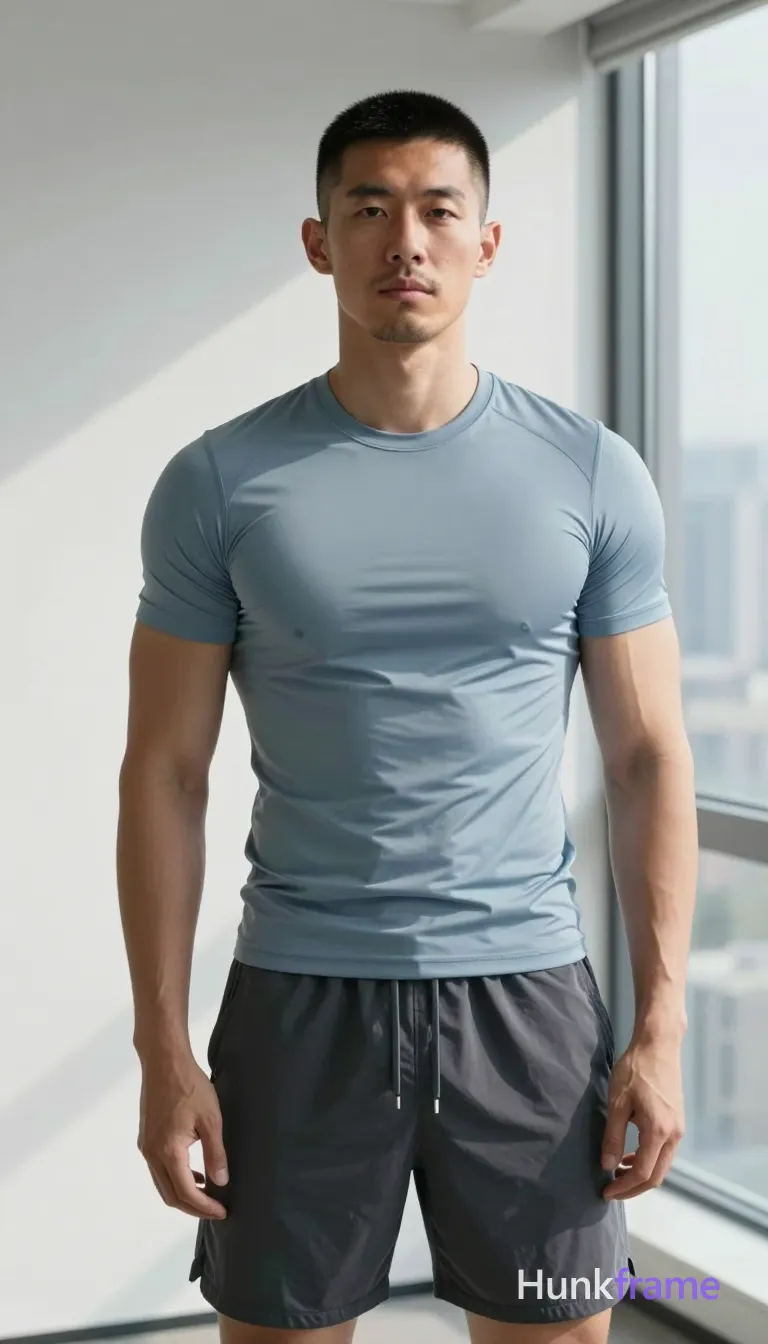 Asian man with short buzz cut and light stubble stands upright facing camera, slight forward lean in high-resolution fashion editorial; He wears a light blue fitted compression-style t-shirt covering torso completely and dark grey drawstring athletic shorts reaching mid-thighs; Broad shoulders, defined pectorals, vascular forearms visible against plain white wall background with large window showing cityscape to right side of frame; Natural daylight creates soft directional shadows on left face and body; Cool greys and blues palette, minimalist indoor setting, vertical portrait orientation 13:19 aspect ratio; single clean uninterrupted photograph with a cohesive editorial composition and plain continuous surrounding surfaces