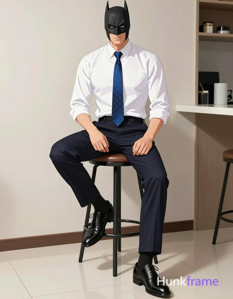 Adult masculine man in a Batman cowl seated on a black bar stool, left leg crossed over right knee. He wears a white button-down dress shirt with sleeves rolled to mid-forearm and a blue patterned necktie knotted at the collar. Dark navy pinstripe trousers feature cuffs slightly turned up, paired with black lace-up oxfords and visible black socks above the shoe line. Indoor room with light-colored walls and tiled floor; partial view of white shelving unit to the right holding miscellaneous items including a cylindrical container. Soft ambient indoor lighting highlights his slim build skin texture. Full-body shot from head to toe, centered in frame within an 832x1216 vertical portrait composition rendered as polished anime style., a single uninterrupted photograph only, no written words or typography anywhere in frame, no captions, no app UI, no social-media post layout, no screenshot borders