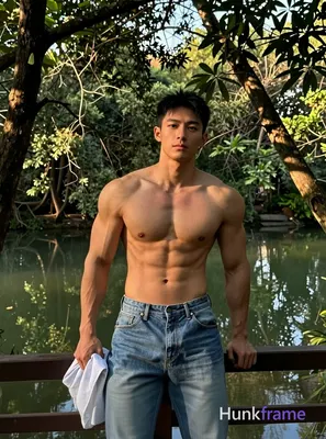 A muscular male subject standing outdoors in a natural setting with trees and water visible in the b