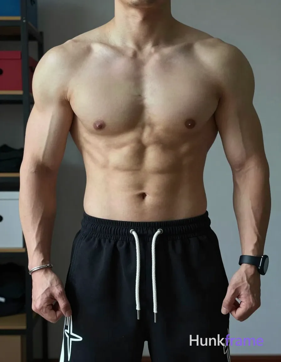 High-detail fashion editorial photography of a shirtless adult man with broad shoulders, defined pectorals, six-pack abs, and visible vascularity in arms. He stands front-facing with fists loosely clenched at hips inside an indoor room featuring shelving and storage. Torso-focused crop from neck down to upper thighs reveals chest, abdomen, arms, and shoulders clad only in black drawstring shorts with white graphic print and rope-style drawstrings. Silver bracelet on left wrist and black watch/fitness tracker on right wrist catch soft frontal fill light against neutral background grays/blues., a single uninterrupted photograph only, no written words or typography anywhere in frame, no captions, no app UI, no social-media post layout, no screenshot borders