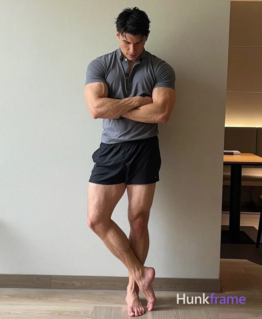 Adult man with light to medium tan skin, neutral pensive expression head bowed, standing against a light-colored wall; Arms crossed over chest in confident pose; left leg slightly forward and right foot resting on the floor behind it (crossed stance); Wearing grey short-sleeved polo shirt buttoned at collar, black athletic shorts ending mid-thigh; Thick thighs, defined calves, broad shoulders visible; Indoor room with wooden floor, desk and chair nearby; Soft directional lighting from front-right casting subtle shadows behind subject against wall; Clean lines, neutral atmosphere, fine-art photography aesthetic, shot on iPhone 15 Pro main camera, authentic smartphone computational photography, natural Smart HDR, vertical 9:16 Xiaohongshu lifestyle post, bright clean gym or cafe scene, wardrobe matching reference outfit, confident everyday blogger pose, phone photo with natural grain; single clean uninterrupted photograph with a cohesive editorial composition and plain continuous surrounding surfaces