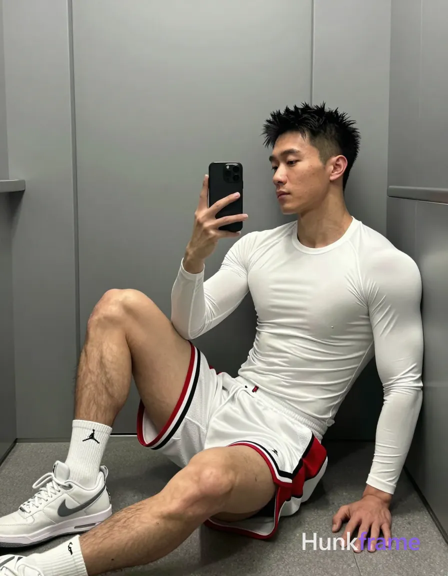 Asian man with short black textured spiky hair and clean-shaven face, lean build in white long-sleeve compression shirt and white basketball shorts with red/black Jumpman trim; Seated sideways against a gray wall in a narrow elevator space, left knee raised showing sole of shoe while right leg extends forward on floor; Holding black smartphone in right hand for mirror selfie, torso leaning slightly toward the glass reflection; Soft ambient indoor lighting highlights light-medium skin tone and athletic physique details within clean vertical portrait composition, same aesthetic theme and photo feel as the reference but a different man in a different pose with distinct body proportions, Turkish man, olive skin, aquiline nose, lean hairy chest editorial look; single clean uninterrupted photograph with a cohesive editorial composition and plain continuous surrounding surfaces