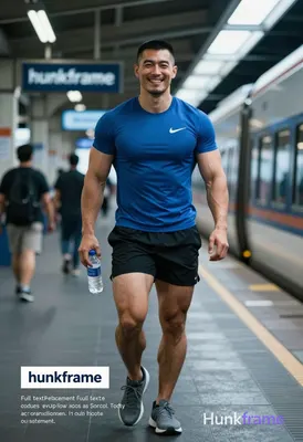 Asian man with short dark buzz cut and light stubble on upper lip, smiling broadly walking forward o