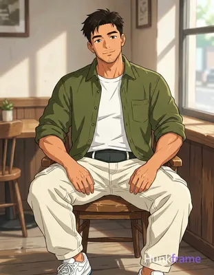 Asian man seated on wooden chair in indoor cafe, rendered as polished anime 2.5D next-gen game art w