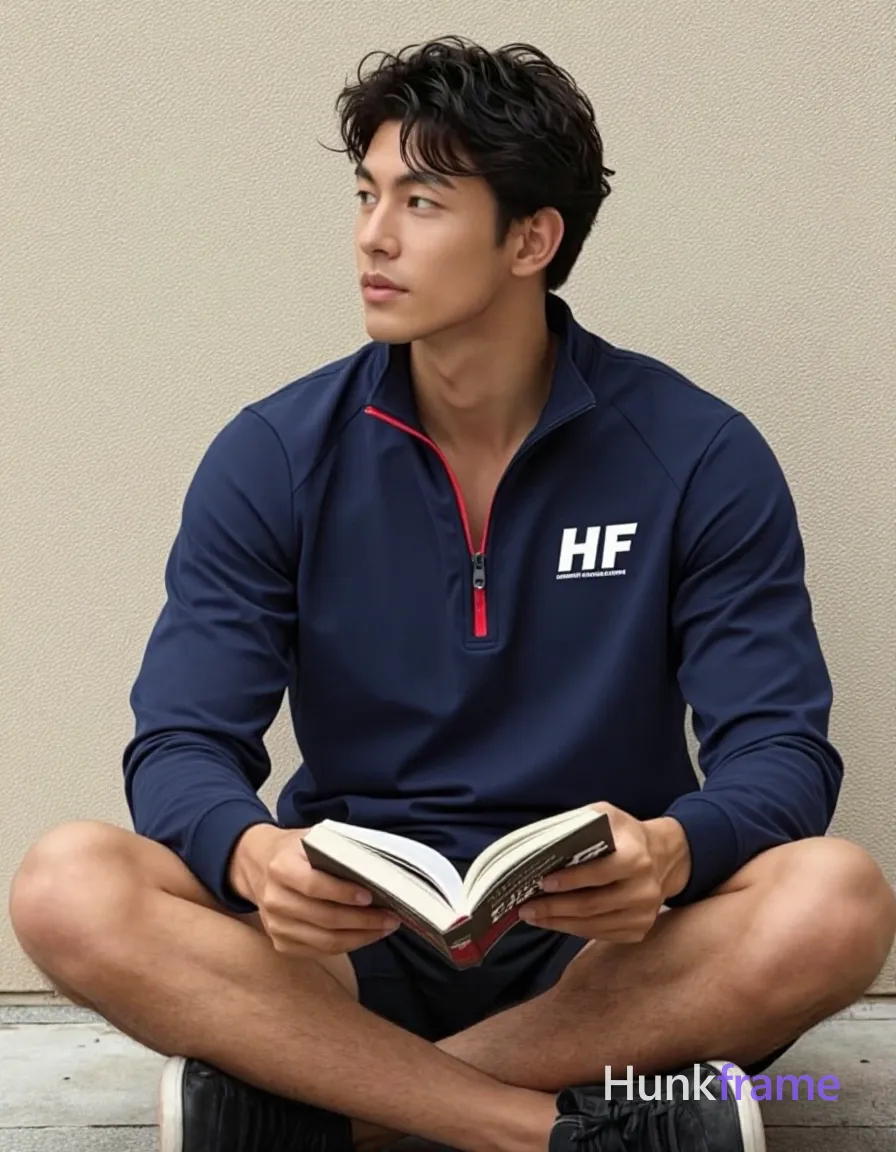 Asian man with medium-tan skin, dark wavy hair side-swept across forehead, clean-shaven face holding open book at lap level; Seated cross-legged on ground outdoors against beige stucco wall, torso upright angled left while head turns 45 degrees right in contemplative gaze; Wearing dark navy blue quarter-zip pullover with red zipper pull tab and small white embroidered 'HF' logo replacing source text on chest; FULL GARMENT TEXT REPLACEMENT: remove every source garment word, sentence, slogan, logo, and partial brand spelling from every existing print area, then replace those source marks with only the wordmark, spelled exactly "HF"; This is replacement, Repeated "HF" marks are allowed only where the source garment already had printed text; preserve appropriate placement, typography, color, and scale, logo, caption, username, hashtag, comment, watermark, or UI chrome, shot on iPhone 15 Pro main camera, authentic smartphone computational photography, natural Smart HDR, vertical 9:16 Xiaohongshu lifestyle post, bright clean gym or cafe scene, wardrobe matching reference outfit, confident everyday blogger; single clean uninterrupted photograph with a cohesive editorial composition and plain continuous surrounding surfaces