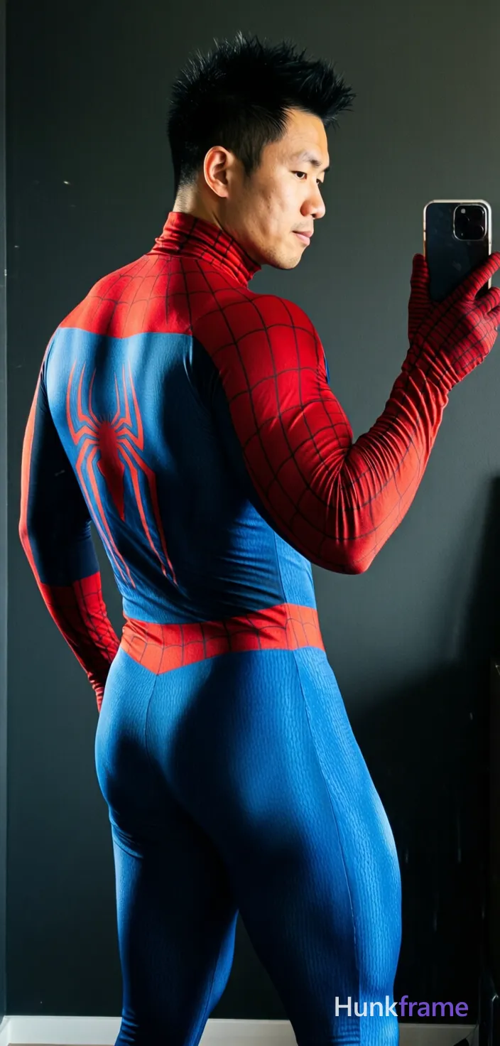 Asian man with short black spiky hair and clean-shaven face, standing in a 3/4 rear view mirror selfie. He wears a full-body Spider-Man cosplay suit (red and blue spandex) with high-neck collar covering neck entirely and long sleeves extending to wrists. Broad shoulders, defined back musculature, and thick thighs are emphasized by high-contrast lighting against dark neutral walls. Vertical portrait crop from head to mid-thighs, centered composition, fine-art photography aesthetic focusing on the suit's texture and physique., a single uninterrupted photograph only, no written words or typography anywhere in frame, no captions, no app UI, no social-media post layout, no screenshot borders
