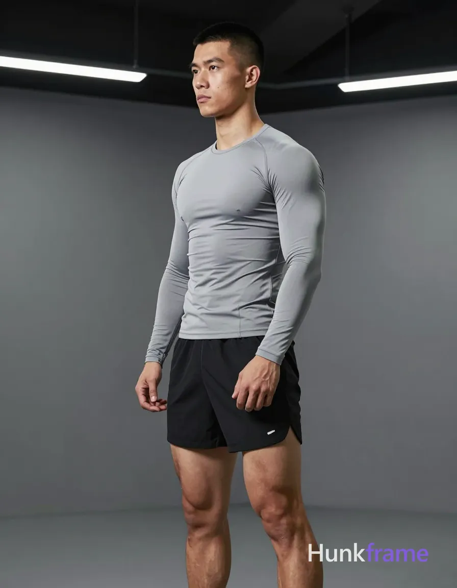 an anonymous figure man with light-medium skin and short black buzz cut featuring textured top, clean sides; Clean-shaven face with neutral gaze to the left; Standing in profile facing left, right arm bent with hand near waistband of shorts, left leg slightly forward; Wearing a light grey long-sleeve crew neck compression shirt and black athletic shorts; Broad shoulders, defined pectorals, vascular forearms, thick thighs visible from knees up; Indoor gym setting with grey walls and dark ceiling beams; Overhead fluorescent strip lights casting cool directional shadows; Vertical portrait 13:19 aspect ratio, full-body shot center-left; Premium fashion editorial lighting emphasizing sculpted muscular definition, same aesthetic theme and photo feel as the reference but a different man in a different pose with distinct body proportions, German man, fair skin, strong brow ridge, lean cyclist legs; single clean uninterrupted photograph with a cohesive editorial composition and plain continuous surrounding surfaces