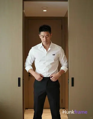 Asian man with short spiky black hair, light-medium skin, clean-shaven chin and upper lip with light
