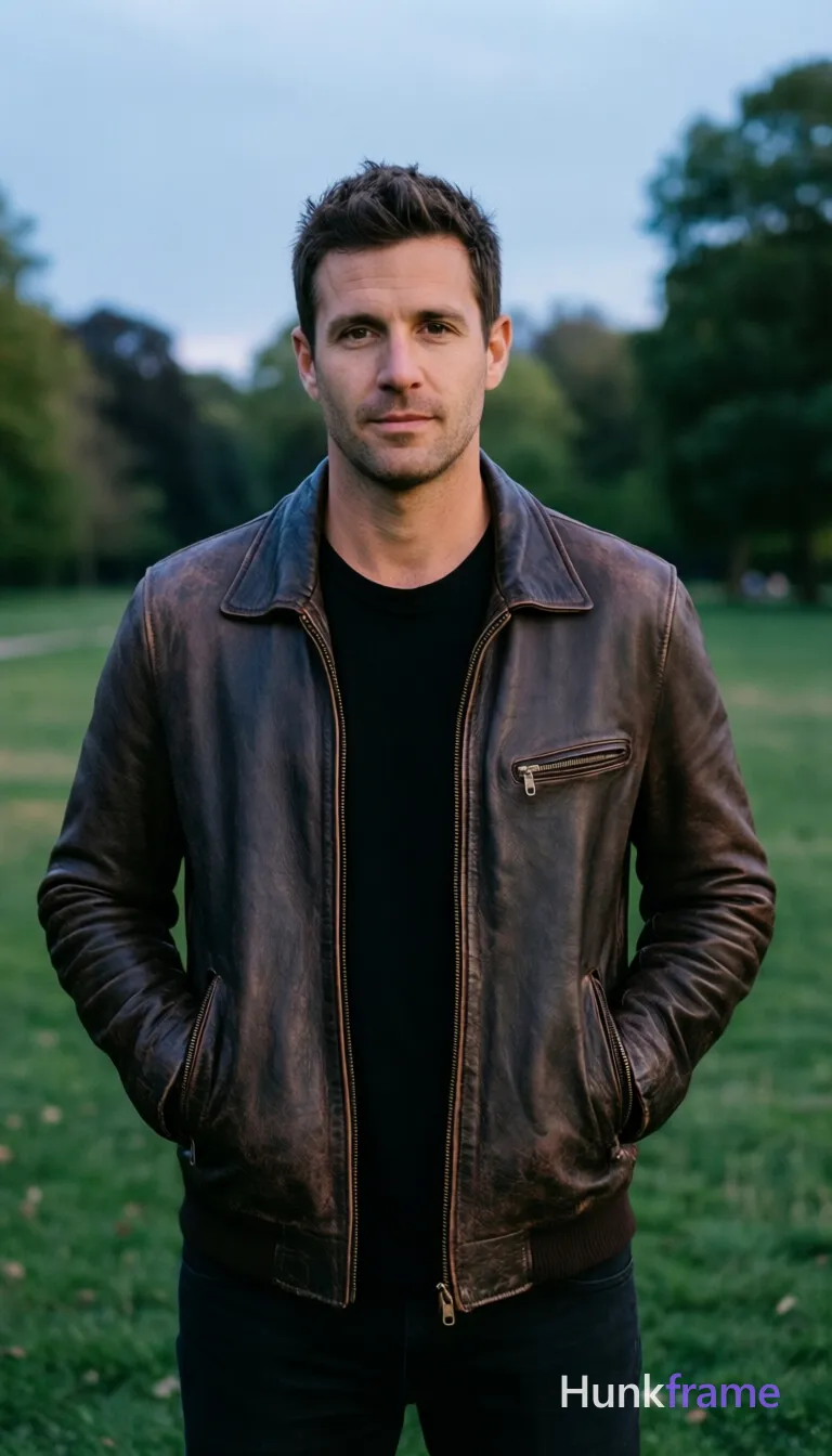an anonymous figure man with light-medium skin and short dark brown textured hair, clean-shaven face standing upright facing forward; He wears a dark brown distressed leather bomber-style jacket over a black crew-neck t-shirt, hands in zippered chest pockets; Full-body shot from head to mid-thighs centered against an outdoor park setting with green grass and distant trees under soft dusk light; Fine-art photography aesthetic with shallow depth of field blurring the background elements into muted blue-gray tones; single clean uninterrupted photograph with a cohesive editorial composition and plain continuous surrounding surfaces