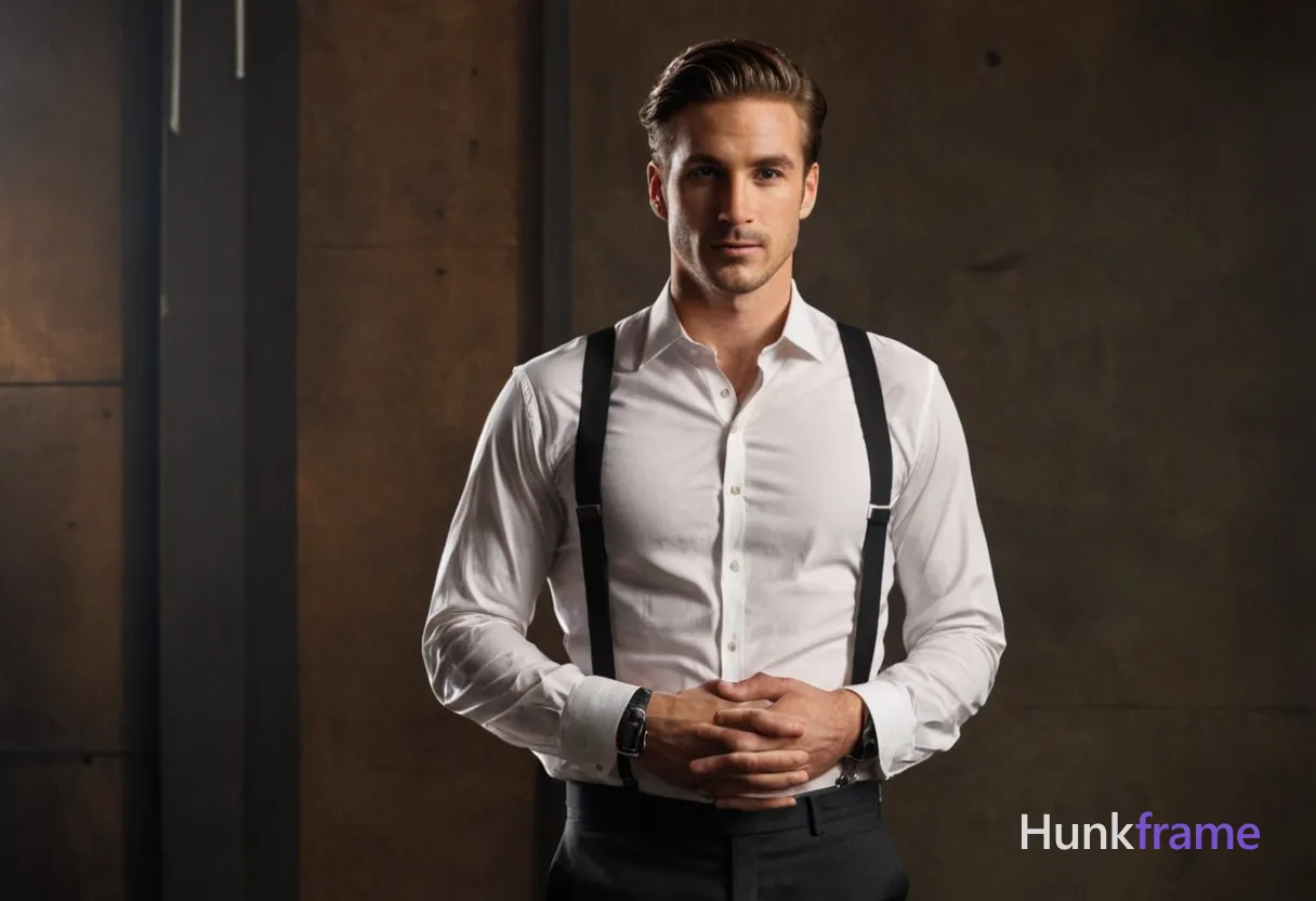 An anonymous figure man with a handsome athletic build and natural skin tone, dressed in white shirt and black suspenders, sitting upright against a studio backdrop with arms crossed over the backrest; full body shot capturing his legs and feet; soft directional lighting enhancing subtle textures of the skin and clothing, earthy tones in background; 1216x832 canvas