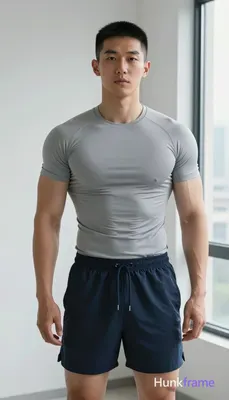 Asian man with short buzz cut and clean-shaven face, broad shoulders, defined pectorals, visible abd