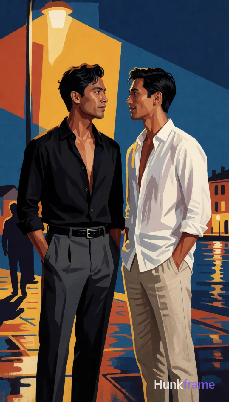 Bold flat-color wall art graphic of two adult Asian men in vertical portrait; Left figure: medium-dark skin, short dark wavy side-parted hair, clean-shaven face; unbuttoned black button-down shirt revealing chest and collarbone, broad shoulders, defined pectorals, dark grey tailored trousers, black leather belt; He stands facing right leaning in to kiss partner while left hand cups partner's jaw/neck; Right figure: medium-light skin, slender build, white unbuttoned shirt revealing chest, beige linen trousers, standing facing left with right hand in pocket; High-contrast color blocking separates warm streetlamp glow from cool night sky background featuring simplified an anonymous figure silhouette and illuminated buildings on water; Clean vector lines define wet pavement reflections without text or logos, same aesthetic theme and photo feel as the reference but a different man in a different pose with distinct body proportions, Filipino man, golden brown skin, warm smile lines, compact muscular build; single clean uninterrupted photograph with a cohesive editorial composition and plain continuous surrounding surfaces