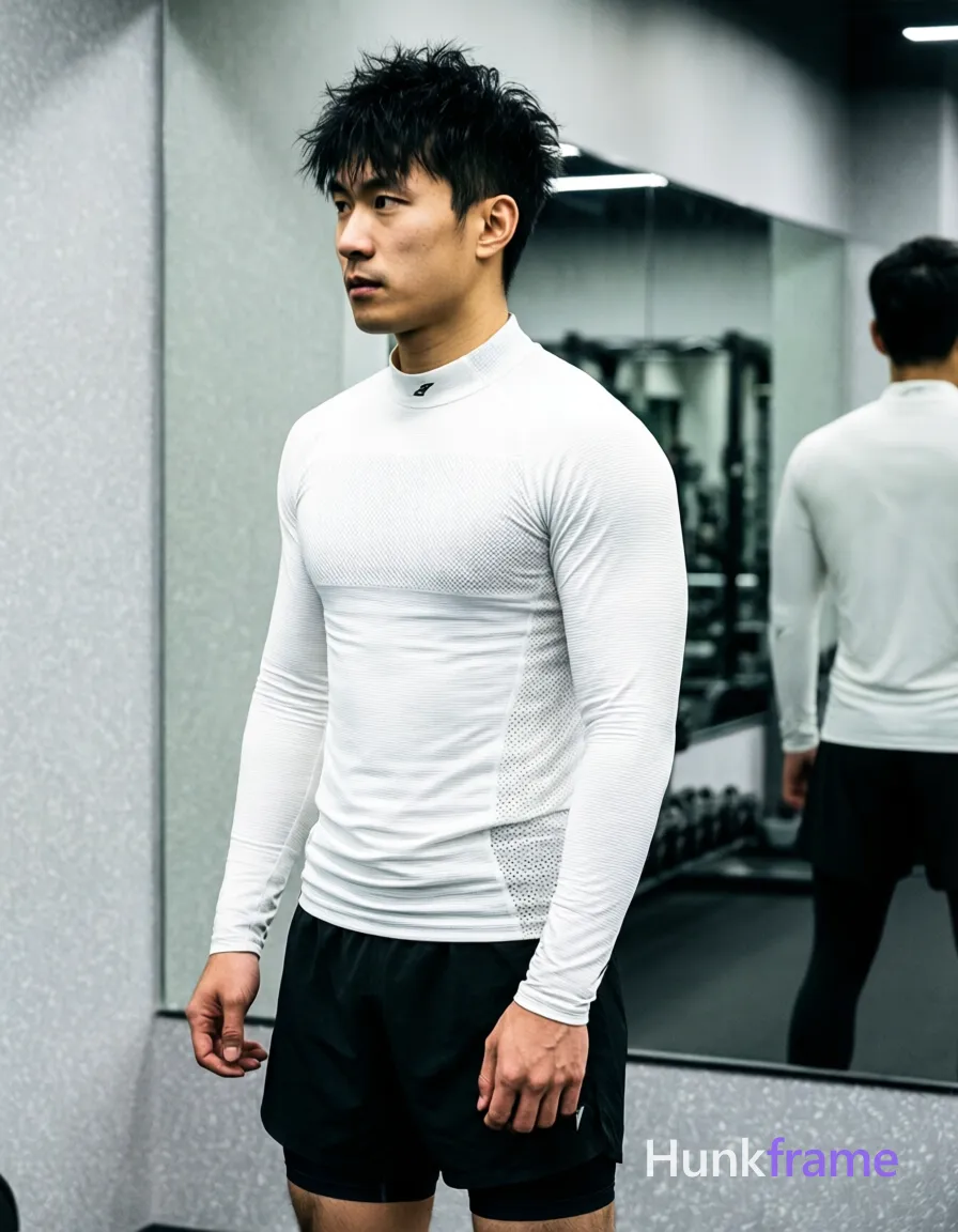 Asian man with short textured black hair styled upward at the crown, slightly messy front bangs falling over forehead, clean-shaven face with neutral to slightly serious gaze directed off-camera left; Standing in profile facing left, weight balanced on both legs with slight hip rotation toward camera; Wearing white long-sleeve compression-style athletic shirt with ribbed texture and subtle mesh paneling across chest; high collar with small logo near neck, black athletic shorts over black compression briefs or leggings visible at hem; Indoor gym setting with light gray speckled walls and reflective mirrored wall behind reflecting subject's back; Soft directional lighting from front-left creating subtle shadows on right side of face and torso; High contrast between white top and dark shorts emphasizing textured fabric details; Vertical portrait orientation, full-body shot from mid-thigh up to head; single clean uninterrupted photograph with a cohesive editorial composition and plain continuous surrounding surfaces