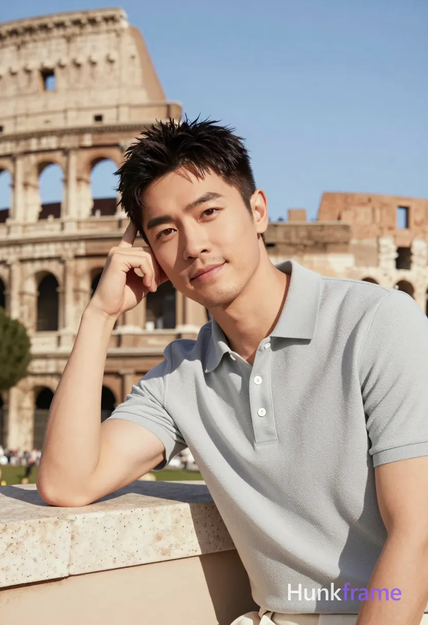 Asian man with short dark textured hair and light stubble in bold flat-color wall art; He wears a light gray textured polo shirt, seated leaning left elbow on surface right hand against temple head tilted slightly left gaze direct calm composed slight smile; Background features blurred Colosseum under clear blue sky with warm beige stone tones; Shallow depth of field portrait-focused composition soft natural lighting foreground right occupying lower-right quadrant; single clean uninterrupted photograph with a cohesive editorial composition and plain continuous surrounding surfaces