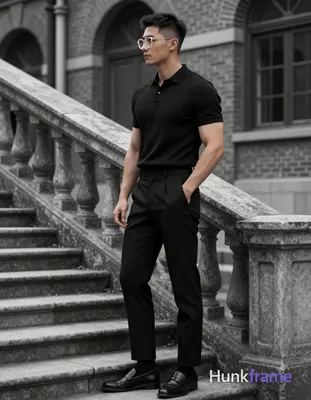 Adult man in profile facing left, standing on stone steps beside a railing with weathered brickwork 
