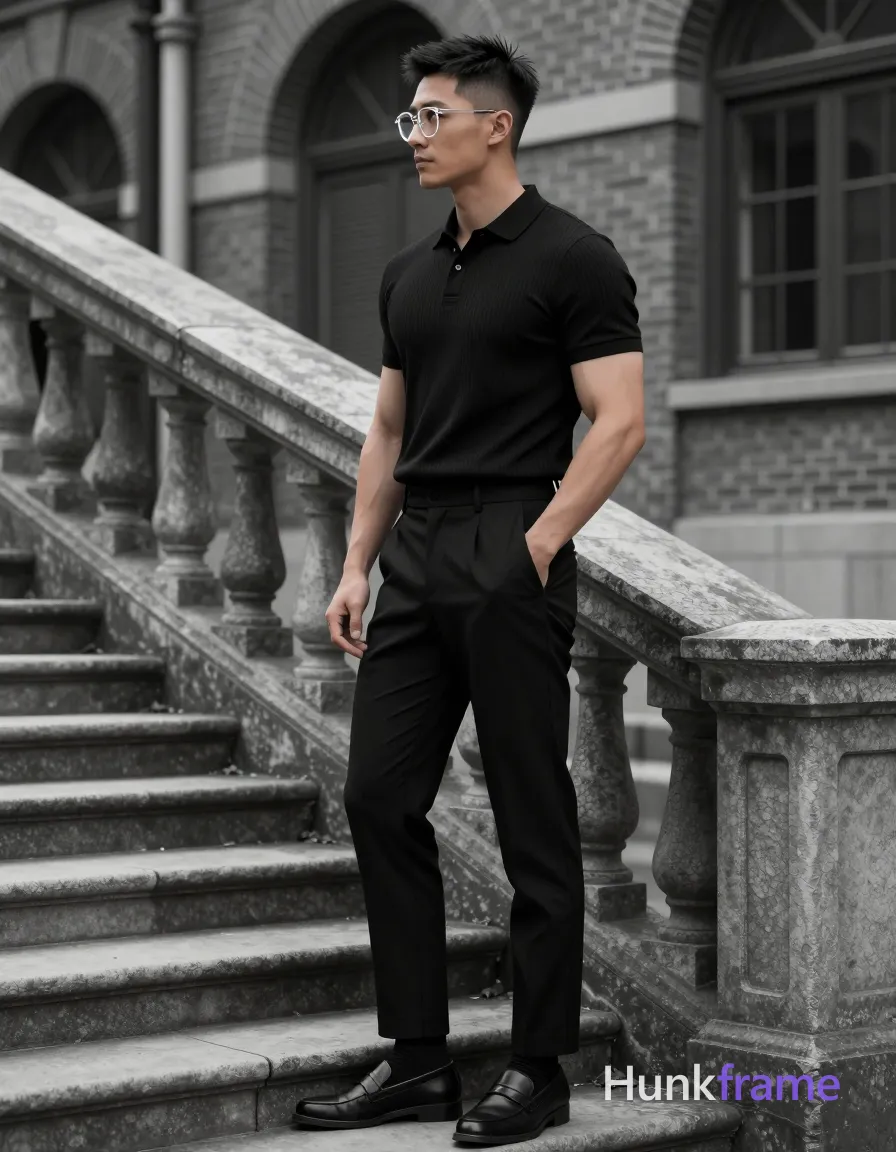 Adult man in profile facing left, standing on stone steps beside a railing with weathered brickwork and arched windows background; He wears thin clear-framed glasses worn on the face, minimal rim thickness transparent frames, clean-shaven neck, short textured dark hair tapered sides fade styled upward backward; Black short-sleeved ribbed polo shirt collar buttoned to neck, high-waisted black tailored trousers with pleats belt loops, black dress socks, black leather loafers; Right hand partially inserted into trouser pocket, left arm relaxed at side; Slim build with defined musculature, medium-dark skin tone; Natural daylight soft directional shadows overcast shaded environment; High-contrast monochrome tones muted color accents fine-art photography aesthetic vertical portrait composition dramatic contemplative sophisticated mood polished anime 2.5D next-gen 3D game art expressive face athletic anatomy high-quality character rendering; The adult man visibly wears thin, clear-framed glasses worn on the face; minimal rim thickness, transparent or light-colored frames on his face; preserve the exact frame shape, rim style, color, material, and lens tint, same aesthetic theme and photo feel; single clean uninterrupted artwork with a cohesive composition and plain continuous surrounding surfaces