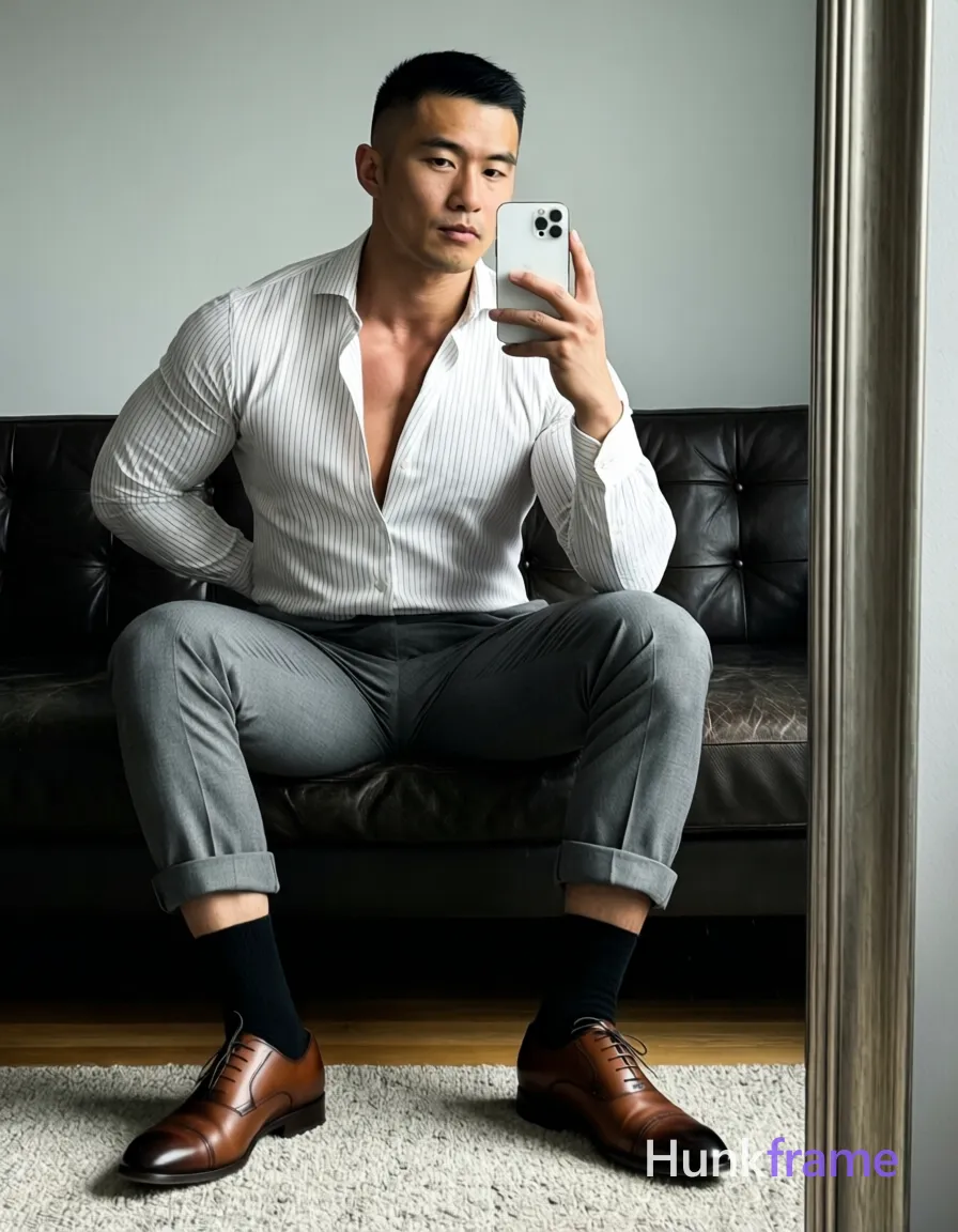 Asian man seated on dark leather sofa, legs spread knees bent taking mirror selfie with white smartphone at chest level. White long-sleeve button-up shirt subtle vertical stripes top two buttons undone revealing upper chest and collarbone artistic partial nude adult. Grey tailored trousers cuffed slightly above ankle black dress socks pulled up to mid-calf brown cap-toe oxford shoes visible on light-colored rug below. Broad shoulders defined pectorals toned arms short black buzz cut straight texture high forehead clean hairline clean-shaven neutral direct gaze at phone camera in mirror reflection left hand resting behind back near hip right arm raised holding smartphone. Indoor room featuring dark leather tufted sofa against light grey wall wooden floor partially covered by textured rug vertical mirror frame visible along right edge of image soft ambient indoor lighting creating gentle shadows on face and clothing folds white grey brown black palette polished confident stylish mood clean lines minimalist composition fine-art photography dramatic lighting sculpted poses premium fashion-editorial aesthetic handsome masculine subject tailored attire captured via mirror selfie composition 13:19 aspect ratio vertical portrait orientation, a single uninterrupted photograph only, no written words or typography anywhere in frame, no captions, no app UI, no social-media post layout, no screenshot borders